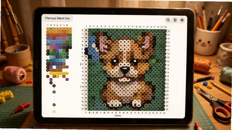 Perler拼豆图纸生成器像素豆画界面中一张宠物照片正被转换为彩色像素网格图纸,屏幕显示色块分布与网格坐标,背景为温馨手工创作桌面