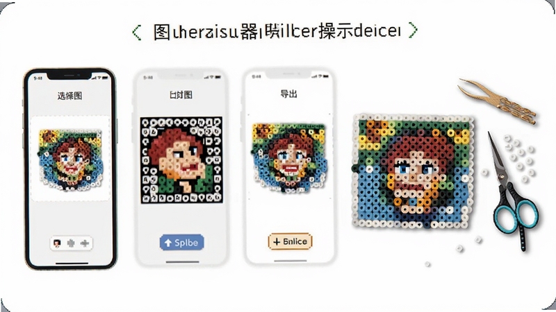 Perler拼豆图纸生成器像素豆画操作流程示意图,手机屏幕显示选图、像素化、导出三步界面,旁边配有拼豆成品与工具,风格简洁教程化