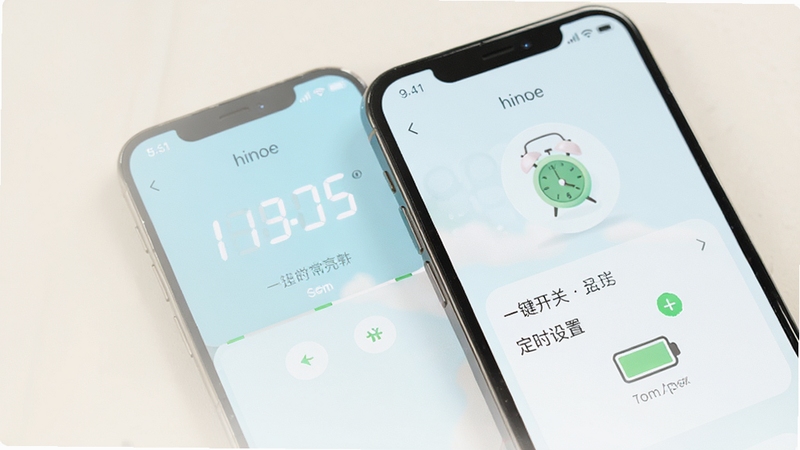 手机屏幕显示屏幕常亮软件的一键开关与定时设置界面,界面为清新浅色风格,旁边配有小闹钟和电池图标,背景为柔和米白色,突出定时常亮与电量管理的功能特点