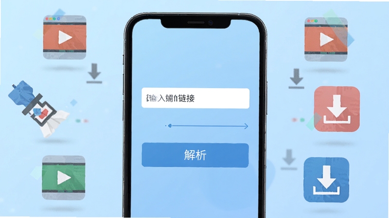轻视解析软件主界面展示,手机屏幕中央是链接输入框和解析按钮,背景为浅蓝色渐变,周围环绕视频图标与下载箭头,扁平化科技风格,高清细节