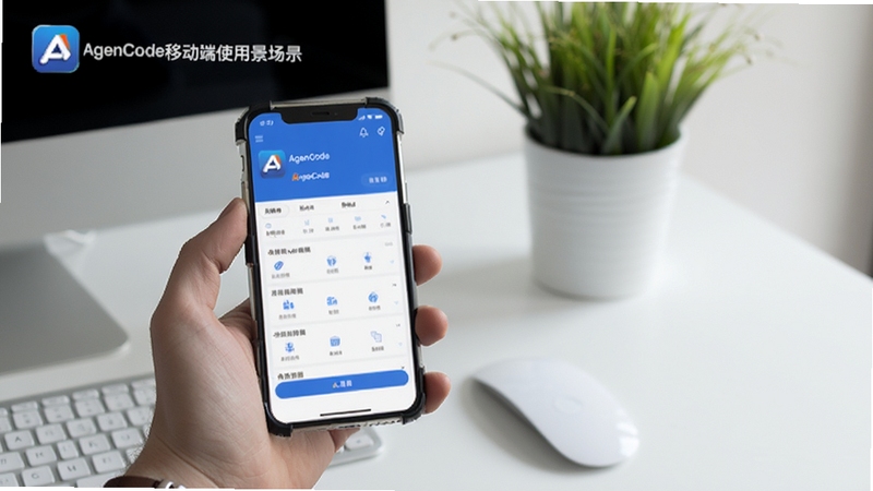 AgenCode移动端使用场景展示,画面主体为手持手机展示软件界面,背景为简约办公桌与绿植,突出AgenCode名称标识,整体风格真实自然,适配Boogu模型生成