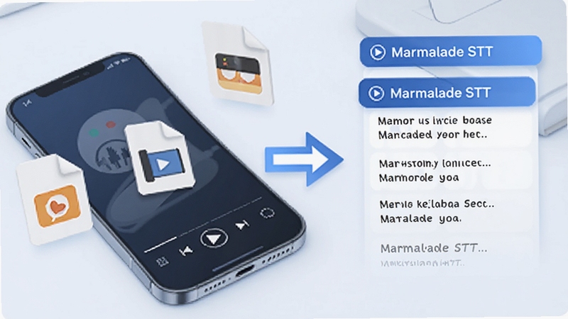 Marmalade STT 音频导入识别场景,手机旁散落几个音频文件图标,箭头指向文本列表,明亮清爽的蓝白配色,科技感插画