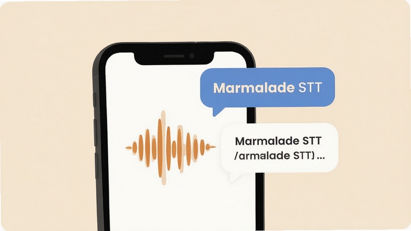 Marmalade STT 软件界面展示实时语音转写功能,手机屏幕中声波图标与文字气泡同步浮现,浅米色背景,扁平插画风格