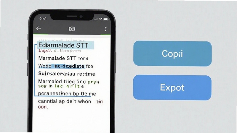 Marmalade STT 文本编辑与导出功能示意图,手机屏幕显示可编辑文本段落,旁边有复制和导出按钮,简洁扁平化设计