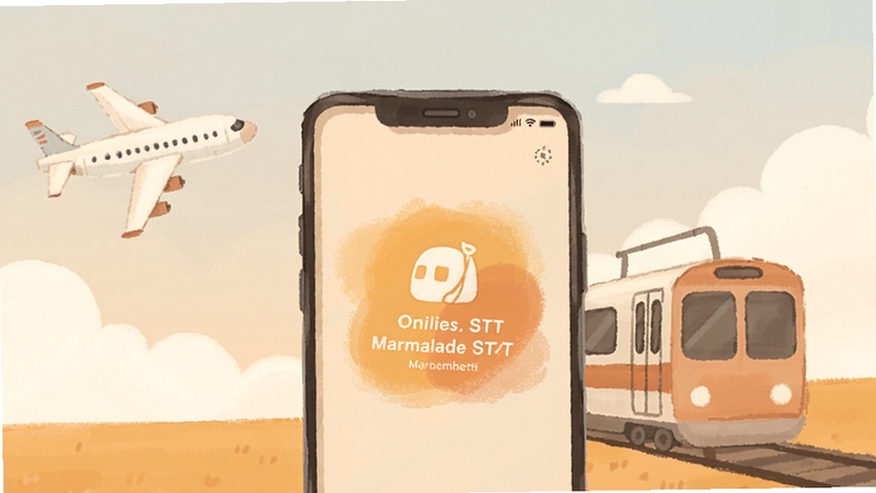 Marmalade STT 离线使用场景插画,手机屏幕显示离线模式标识,周围有飞机和地铁元素,柔和暖色调,简约风格