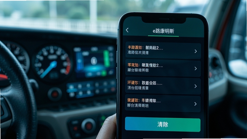 e路康明斯APP故障码读取界面特写,手机屏幕显示多条中文故障码描述与清除按钮,背景为虚化的卡车驾驶室仪表盘,画面风格科技感十足,蓝绿色调为主,突出数字化诊断的便捷性