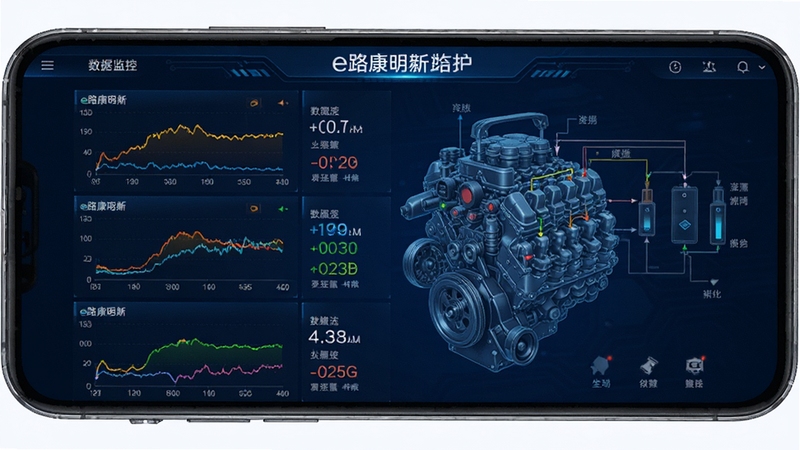 e路康明斯APP数据流监控界面展示,手机屏幕呈现多条彩色曲线图与实时数值,背景为发动机电控系统示意图,整体色调深蓝科技风,突出数据可视化与专业诊断能力