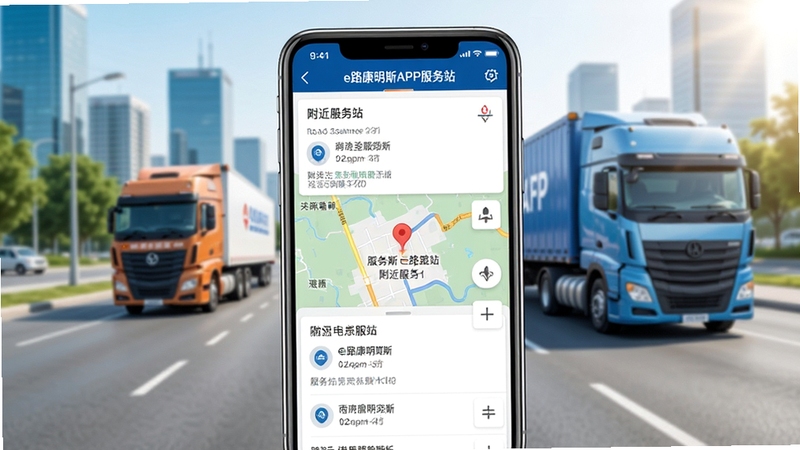 e路康明斯APP服务站查询地图界面,手机屏幕显示附近服务站列表与地图标注,背景为城市道路与卡车行驶场景,画面风格清新明亮,体现服务便捷性与覆盖面