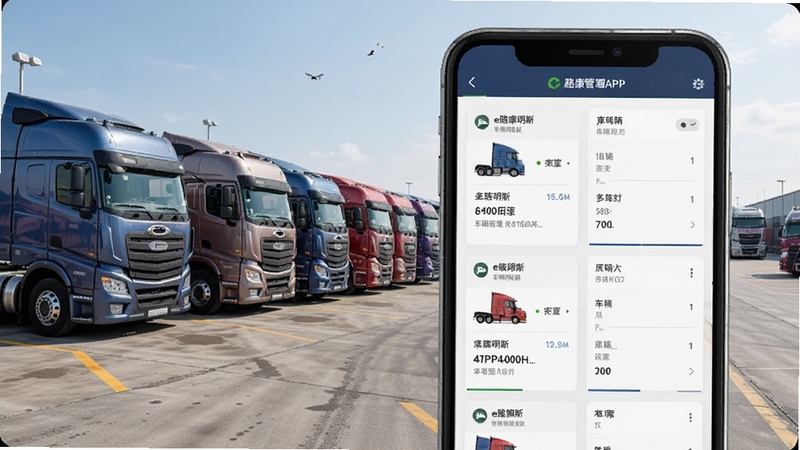 e路康明斯APP车辆绑定管理界面,手机屏幕展示多台卡车列表与车辆信息卡片,背景为停车场多辆康明斯动力重卡排列场景,画面风格商务简洁,突出多车管理的高效性