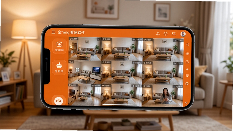 全橙看家软件主界面展示,画面中央为手机屏幕呈现多路摄像头实时监控画面,背景为温馨家庭客厅环境,光线柔和,界面图标清晰,整体风格简洁科技感,适配AI生图模型生成