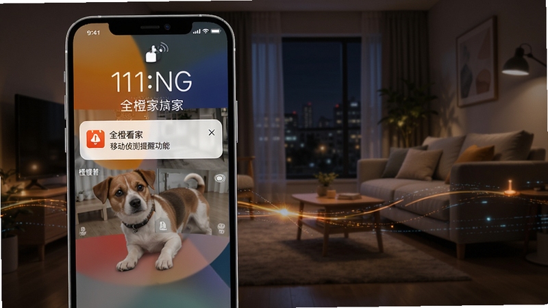 全橙看家移动侦测提醒功能示意图,手机锁屏界面弹出监控告警通知,背景为夜晚居家环境,画面带有科技感光效,突出全橙看家软件名称与告警场景