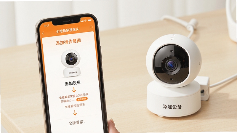 全橙看家摄像头连接操作示意图,手机屏幕显示添加设备向导页面,旁边放置一台家用摄像头,背景为简洁浅色桌面,画面清晰明亮,体现全橙看家软件连接流程