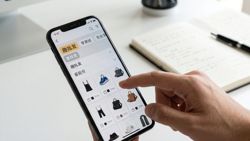 趣批发商品分类检索界面特写,画面中一只手滑动手机屏幕,屏幕显示多层级分类标签与商品缩略图列表,背景为简约办公桌面与记事本,风格写实自然