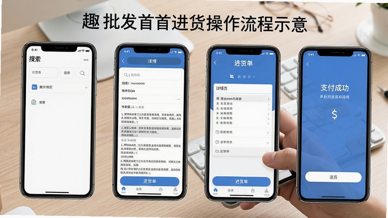 趣批发首次进货操作流程示意,画面以手机屏幕分步截图形式呈现搜索、详情页、进货单、支付成功四个界面,背景为浅色桌面与手持手机的动作,风格简洁直观