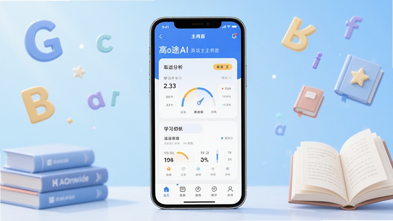 高途AI英语应用主界面全貌展示,画面中央为手机屏幕呈现软件首页学习仪表盘,背景为浅蓝色渐变学习场景,周围点缀英语字母与书本元素,整体风格清新明亮,适配Boogu模型生成
