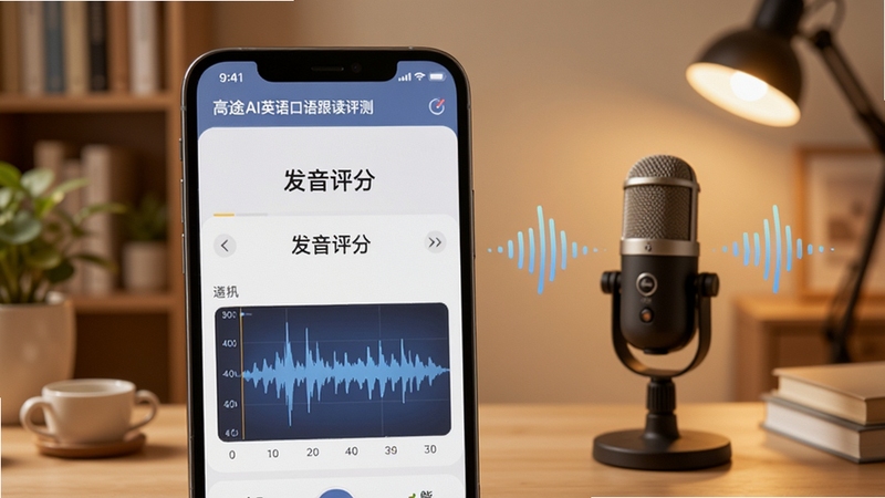 高途AI英语口语跟读评测功能界面,手机屏幕显示发音评分与波形对比图,背景为温馨书房环境,画面中有麦克风与声波元素,风格现代简洁