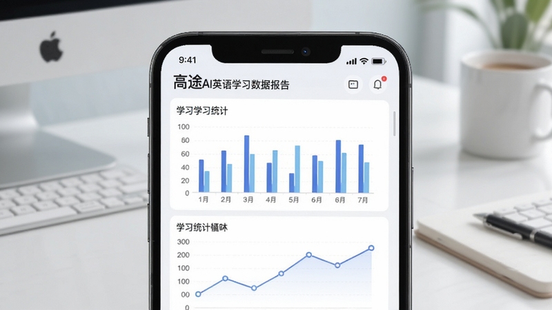 高途AI英语学习数据报告页面,手机屏幕展示柱状图与折线图组合的学习统计界面,背景为简约办公桌面,画面色调柔和
