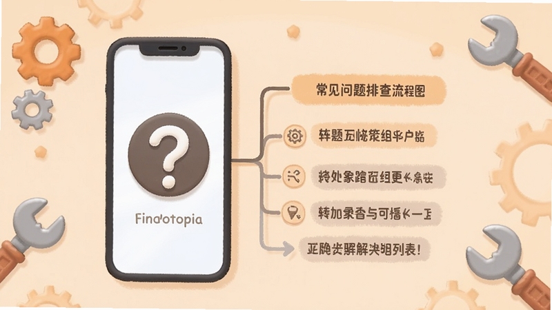Convertopia常见问题排查流程图,手机屏幕显示问号图标和解决步骤列表,背景为浅橙色柔和色调,周围有齿轮和工具元素,风格亲切易懂