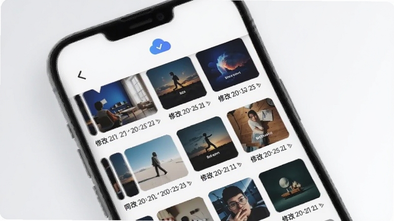 协同绘画云端作品库界面,画面中手机屏幕显示网格状的作品缩略图列表,每张缩略图下方带有修改时间标签,顶部有云朵同步图标,背景为浅灰与白色搭配的清爽布局,体现云端存储的便捷感