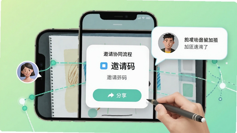 协同绘画邀请好友协同操作流程示意图,画面展示手机屏幕弹出邀请码与分享按钮,旁边有好友头像加入提示气泡,背景为浅绿色渐变与连接线条元素,体现多人加入画布的连贯过程