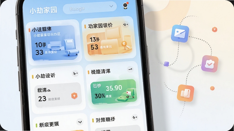 画面主体为手机界面局部放大展示小劫家园功能分区布局,模块卡片式排列清晰可见,背景区域为浅色渐变与柔和阴影,画面右侧点缀少量抽象图标元素,整体风格明快干净,适配Boogu模型生成