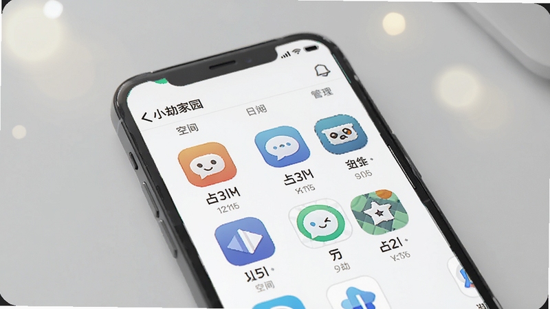 画面主体为手机屏幕特写,屏幕上显示小劫家园应用管理列表界面,多个应用图标整齐排列并标注占用空间信息,背景区域为浅灰桌面与柔和光斑,整体色调清爽,突出工具类软件的秩序感,适配Boogu模型生成