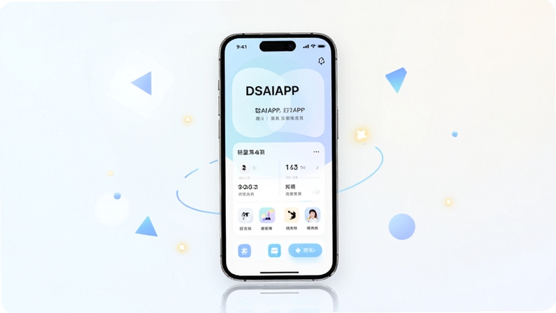 Boogu模型生成一张手机应用界面展示图,画面主体为居中放置的智能手机,屏幕显示DSAIAPP简洁主界面,浅色背景搭配柔和渐变,周围点缀几何图形与光点,整体风格清爽现代,突出轻量工具感