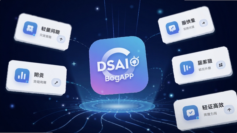 Boogu模型生成一张科技感功能展示图,画面中央为悬浮的DSAIAPP图标,四周环绕多个功能模块卡片,深蓝渐变背景配光效线条,体现轻量高效的工具属性