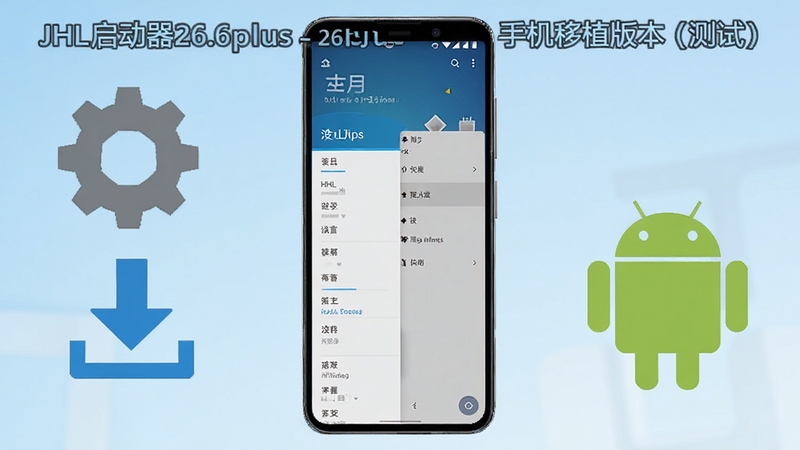 JHL启动器26.6plus手机移植版本(测试)功能展示图,画面中手机屏幕内呈现启动器菜单与设置选项,旁边配有齿轮、下载箭头与安卓图标,背景为浅蓝渐变,风格清爽直观,适合Boogu模型生成