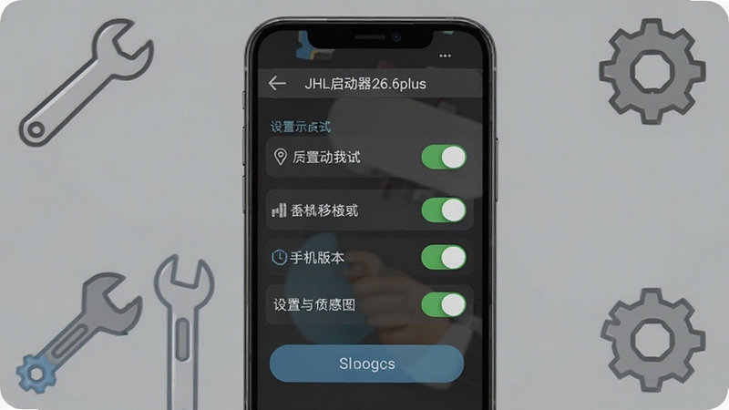 JHL启动器26.6plus手机移植版本(测试)设置界面示意图,画面展示手机屏幕中的配置选项与开关按钮,背景为柔和灰色调,配有扳手与齿轮装饰元素,整体风格务实简洁,适配Boogu模型生成