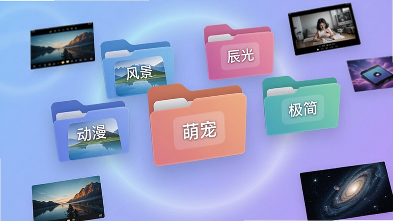 辰光壁纸图库分类页面特写,画面主体为悬浮在空中的多个彩色文件夹图标,分别标注风景、动漫、萌宠、极简等分类标签,背景区域为柔和的蓝紫色渐变光晕,文件夹周围散落着几张缩略壁纸小图,整体呈现科技感与清新感结合的视觉风格,体现软件壁纸分类丰富、井井有条的特点