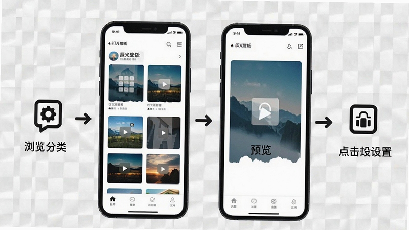 辰光壁纸移动端操作流程图解,画面以手机屏幕截图风格呈现,展示从打开应用、浏览分类、预览壁纸到点击设置的四步操作流程,每步配有简洁图标与箭头指引,背景区域为浅灰色网格纹理,整体布局清晰直观,适合新手学习参考