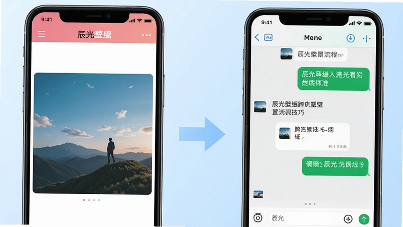 辰光壁纸聊天背景设置场景示意图,画面展示一部手机屏幕分为左右两部分,左侧为辰光壁纸应用内的高清图片预览界面,右侧为聊天软件聊天背景设置界面,中间用箭头连接表示图片导入流程,背景区域为淡蓝色渐变,整体风格简洁明快,突出跨应用设置壁纸的实用技巧
