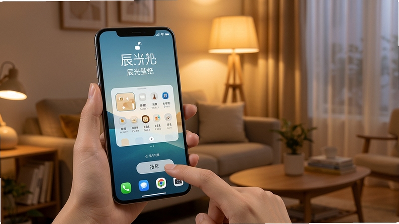 辰光壁纸一键设置功能操作示意画面,主体为一只手拿着手机,拇指正点击屏幕上的设置按钮,手机屏幕显示壁纸预览界面与桌面锁屏选择弹窗,背景区域为温馨的居家客厅环境,暖色调灯光,突出操作简单便捷的用户体验