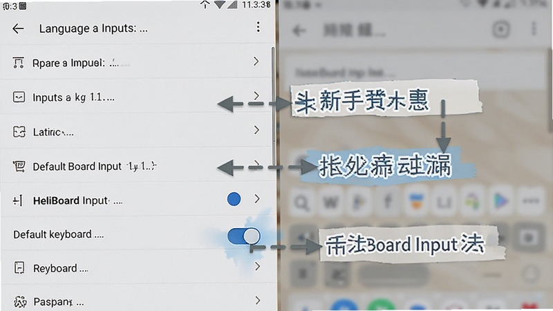 安卓手机设置界面中启用HeliBoard输入法的操作步骤示意,画面展示语言与输入法列表、默认键盘切换开关,界面为浅色主题,标注清晰,适合新手跟随操作