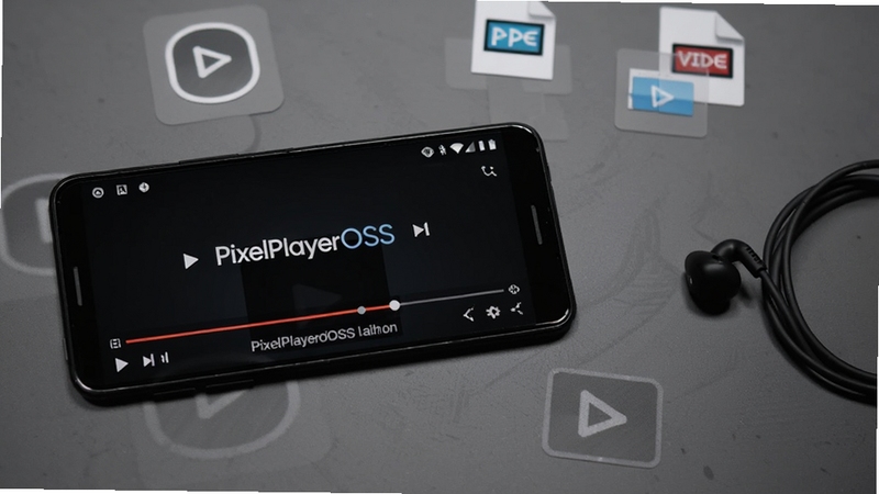 画面中央偏左位置放置一部横屏安卓手机,屏幕内显示PixelPlayerOSS播放界面,进度条与字幕清晰可见;背景为深灰色渐变桌面,散落几个视频文件图标与耳机线,整体风格干净写实,突出本地播放与轻量无广告的产品气质
