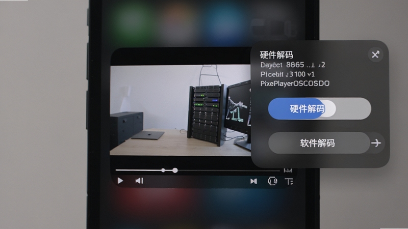 PixelPlayerOSS软件界面特写,手机屏幕中央显示视频播放画面,画面边缘浮现解码器信息浮层,标注硬件解码与软件解码切换按钮,背景为深色毛玻璃质感,光线柔和,突出技术细节与简洁UI