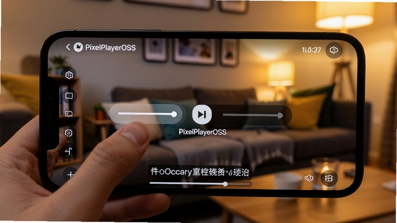 PixelPlayerOSS播放界面中一只手在手机屏幕上左右滑动,画面显示快进进度提示与字幕文本,背景为客厅沙发环境,暖色调灯光,体现手势操作的直观与便捷