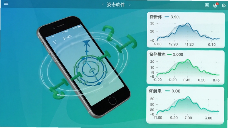 实时三轴姿态软件的三维姿态可视化界面,立体手机模型随姿态倾斜旋转,屏幕旁显示俯仰横滚航向三组角度曲线,界面风格清爽简洁,蓝绿色调,突出三维姿态实时映射功能
