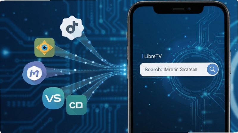 LibreTV 独立研究版 多源聚合搜索界面展示,手机屏幕中呈现多个数据源图标汇聚到统一搜索框,科技感蓝色调背景,简洁扁平化设计风格