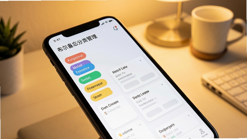 布尔备忘分类管理界面,手机屏幕显示彩色标签分类与备忘卡片,桌面背景整洁,暖色调光线,UI设计清爽