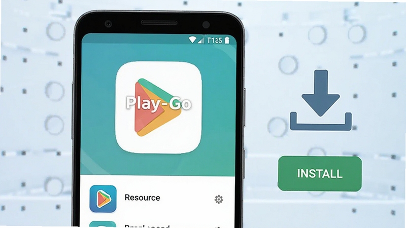 一个简洁现代的安卓手机界面展示 Play-Go 应用主页面,画面主体位于中央偏左,手机屏幕显示 Play-Go 图标与资源列表界面,背景为浅蓝渐变科技感空间,右侧有悬浮的下载箭头与安装按钮元素,整体风格清爽扁平化,适合软件下载站配图
