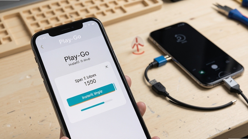 Play-Go 安装步骤示意图,画面主体为手机屏幕展示安装权限开启界面与安装进度条,背景为浅色工作台场景,配有数据线与手机传输元素,整体风格写实清晰,突出安装教程主题