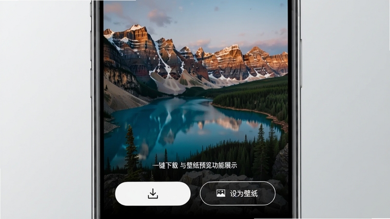 拾风景一键下载与壁纸预览功能展示,画面为手机屏幕显示一张风景大图,下方有下载按钮和设为壁纸按钮的界面示意,背景为浅灰色渐变,突出操作便捷的视觉感受