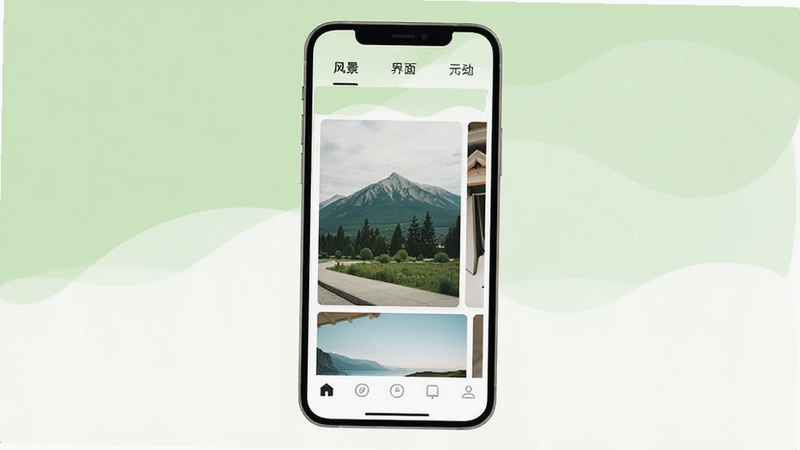 拾风景轻量简洁界面示意图,画面展示手机应用界面分层结构,顶部标签栏中部图片流底部导航栏,整体配色清爽,背景为浅绿色与白色搭配,风格简约现代