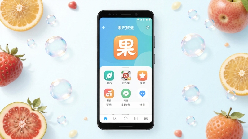 整体画面以明亮浅色为背景,中央位置放置一部安卓手机,手机屏幕显示果汽软件的主界面图标与简洁功能布局,背景区域点缀若干水果元素与气泡装饰,画面风格清爽现代,突出果汽软件核心全貌,构图居中对称,色彩柔和协调