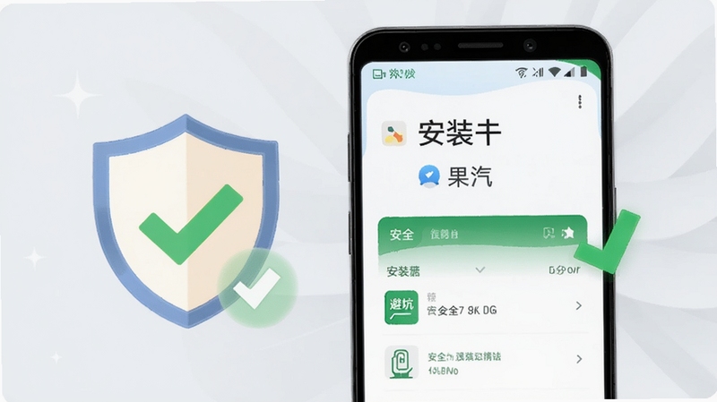 画面呈现一部安卓手机屏幕显示果汽软件安装界面,旁边有盾牌图标与绿色对勾标识,背景为柔和的浅灰色,画面中融入果汽字样,整体风格简洁安全,突出安装避坑与安全提示主题