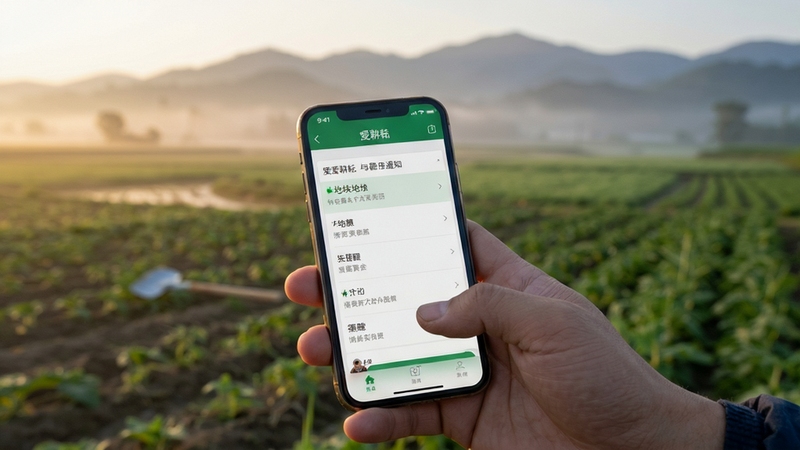 爱耕耘移动端操作场景图,画面主体为一只手在田间手持手机操作爱耕耘软件界面,屏幕显示地块列表与提醒通知,背景区域为清晨的农田与远山,光线柔和,风格纪实自然,体现田间实际使用场景
