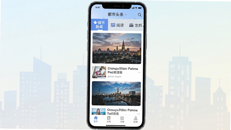 都市头条资讯阅读客户端主界面,手机屏幕竖屏展示,顶部为城市新闻栏目导航,中部为图文资讯信息流,底部为功能菜单栏,背景为浅色渐变城市建筑剪影,扁平化设计风格,画面干净整洁,突出资讯阅读场景