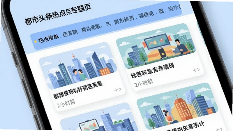 都市头条热点专题页面展示,手机界面中排列多个资讯卡片,卡片包含标题、缩略图与时间标签,顶部有热点榜单条,背景为柔和浅蓝色,扁平插画风格,突出信息聚合与阅读便捷性